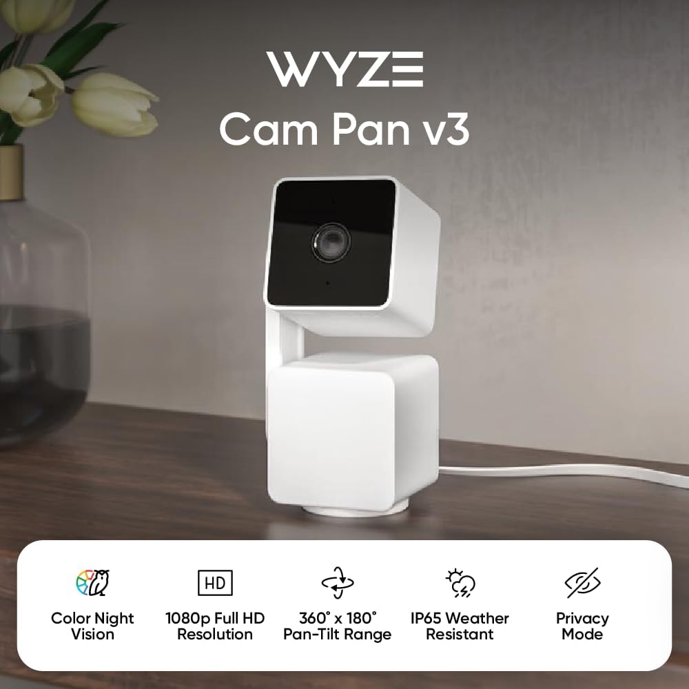 WYZE Cam Pan v3، كاميرا Wi-Fi 1080p للداخل/الخارج بمعيار IP65 مع تدوير/إمالة/تكبير، رؤية ليلية ملونة، صوت ثنائي الاتجاه، متوافقة مع Alexa وGoogle Assistant